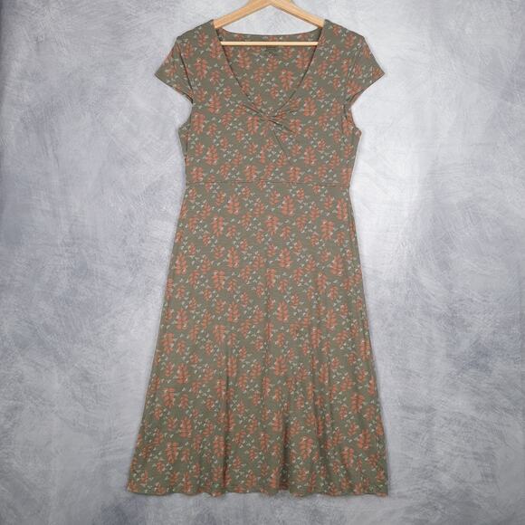 Toad & Co Dress Womens Medium Green Brown Cap Sleeve Ruched Bodice V Neck A Line - Picture 1 of 16